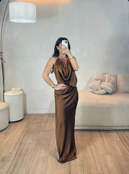 VESTIDO CAFE SATIN SIN ESPALDA